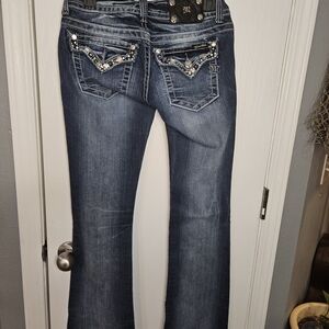 Miss Me Dark Blue Boot Cut Jeans with Crystal Flap Back Pockets